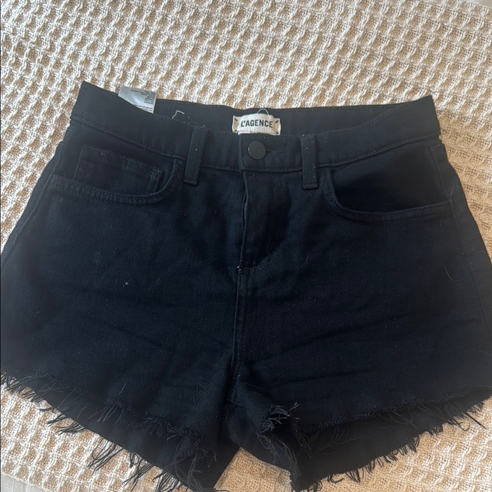 L'AGENCE Black Jean Shorts with Distressed Hem